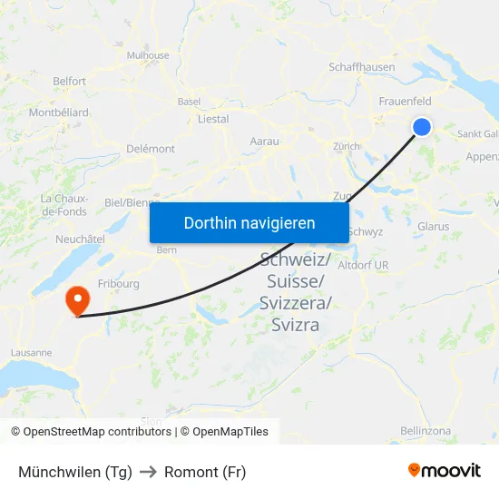 Münchwilen (Tg) to Romont (Fr) map
