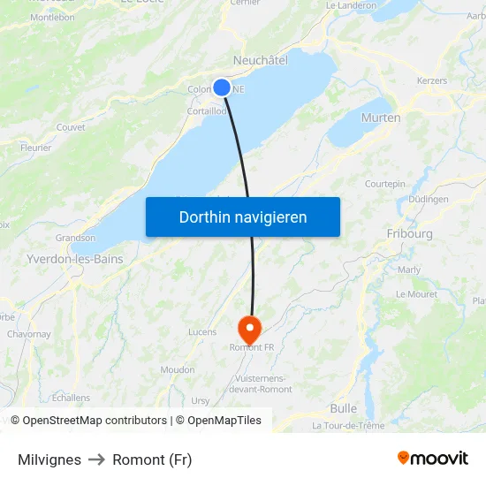 Milvignes to Romont (Fr) map
