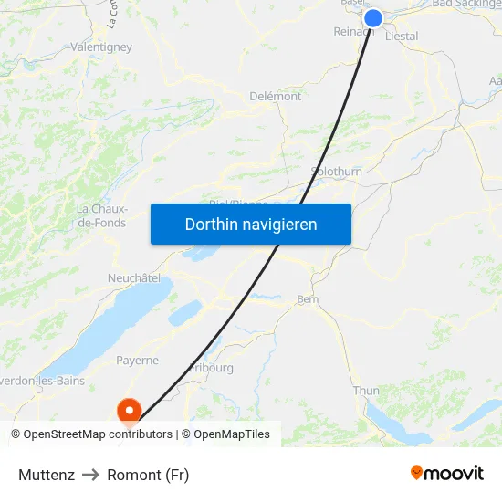 Muttenz to Romont (Fr) map