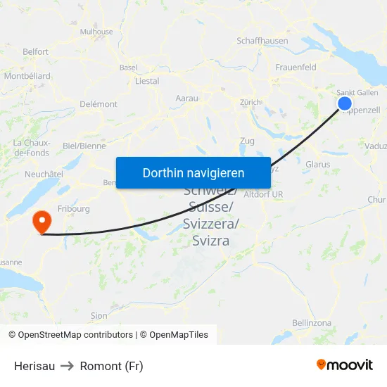 Herisau to Romont (Fr) map