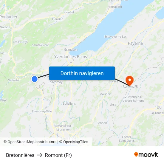 Bretonnières to Romont (Fr) map