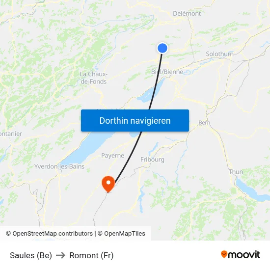 Saules (Be) to Romont (Fr) map