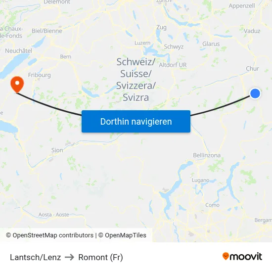 Lantsch/Lenz to Romont (Fr) map