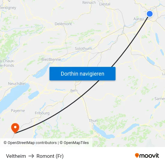 Veltheim to Romont (Fr) map