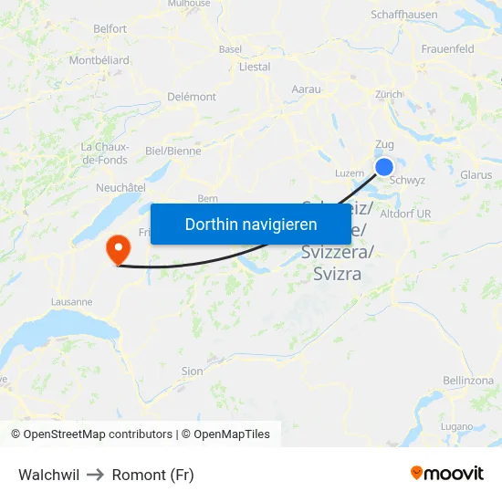 Walchwil to Romont (Fr) map