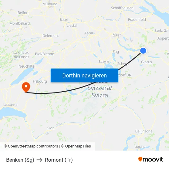 Benken (Sg) to Romont (Fr) map