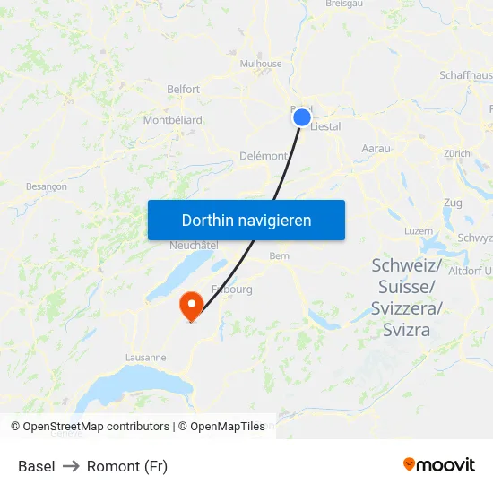 Basel to Romont (Fr) map