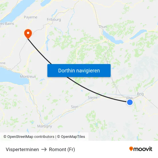 Visperterminen to Romont (Fr) map