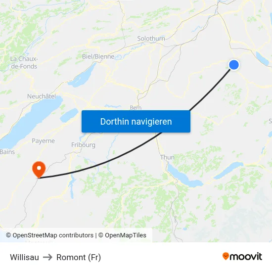 Willisau to Romont (Fr) map