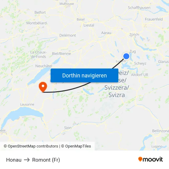 Honau to Romont (Fr) map