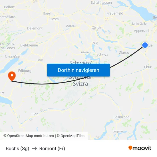 Buchs (Sg) to Romont (Fr) map