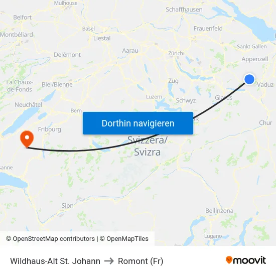 Wildhaus-Alt St. Johann to Romont (Fr) map