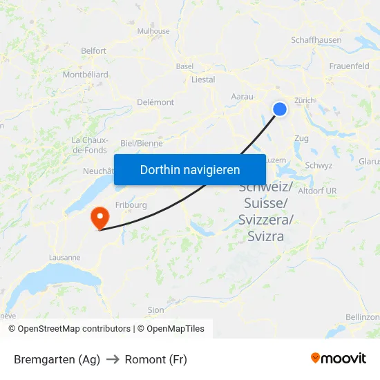 Bremgarten (Ag) to Romont (Fr) map