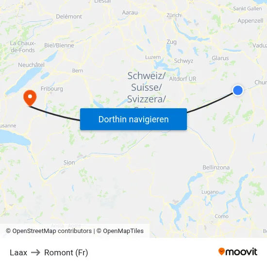 Laax to Romont (Fr) map