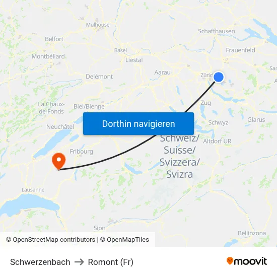 Schwerzenbach to Romont (Fr) map