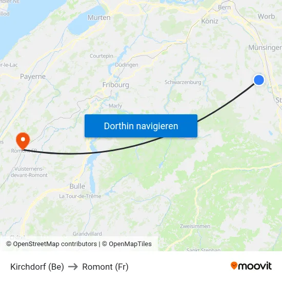 Kirchdorf (Be) to Romont (Fr) map