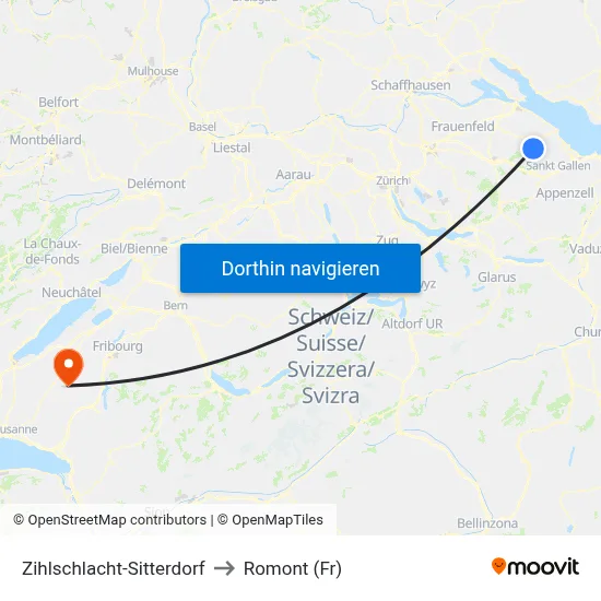 Zihlschlacht-Sitterdorf to Romont (Fr) map