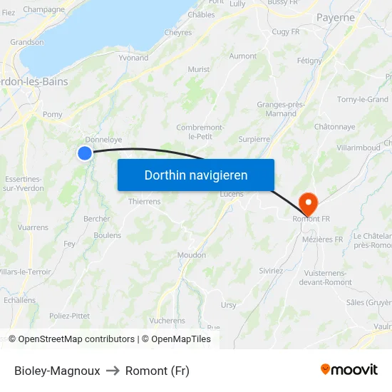 Bioley-Magnoux to Romont (Fr) map