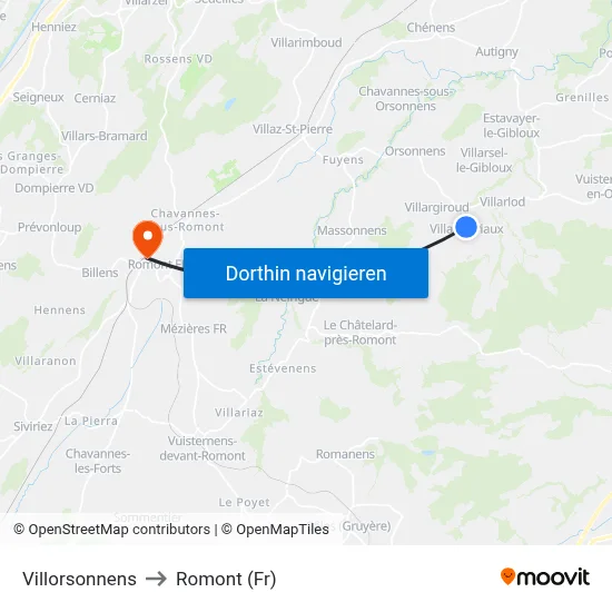 Villorsonnens to Romont (Fr) map