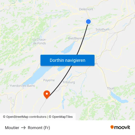 Moutier to Romont (Fr) map