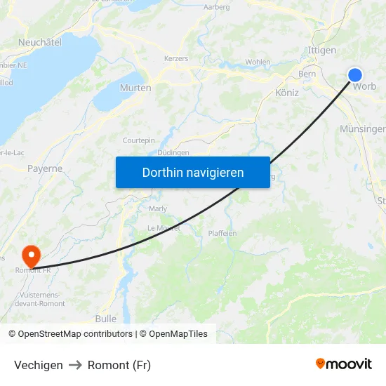 Vechigen to Romont (Fr) map