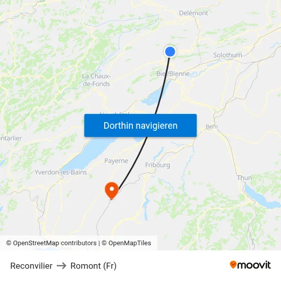 Reconvilier to Romont (Fr) map