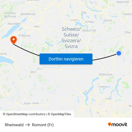Rheinwald to Romont (Fr) map