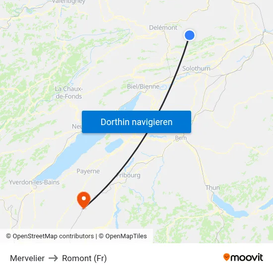 Mervelier to Romont (Fr) map