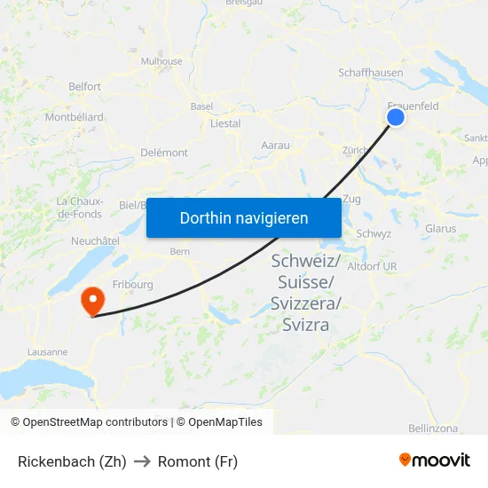 Rickenbach (Zh) to Romont (Fr) map
