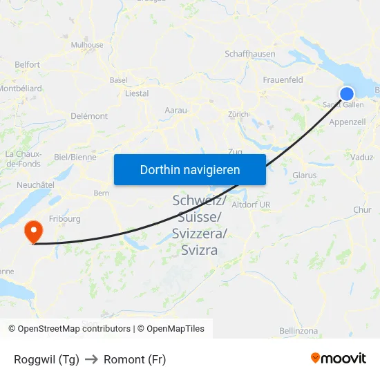 Roggwil (Tg) to Romont (Fr) map