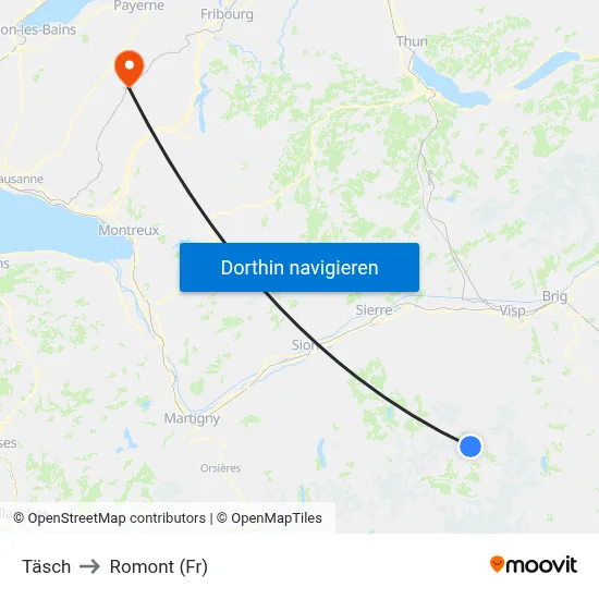 Täsch to Romont (Fr) map