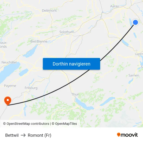 Bettwil to Romont (Fr) map