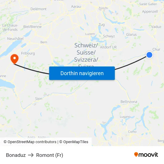 Bonaduz to Romont (Fr) map