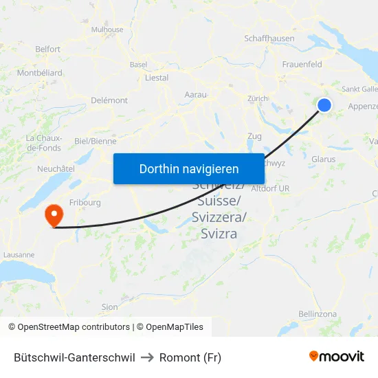 Bütschwil-Ganterschwil to Romont (Fr) map