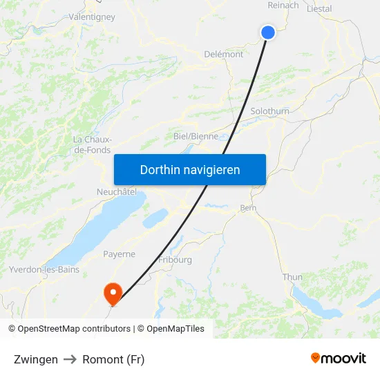 Zwingen to Romont (Fr) map