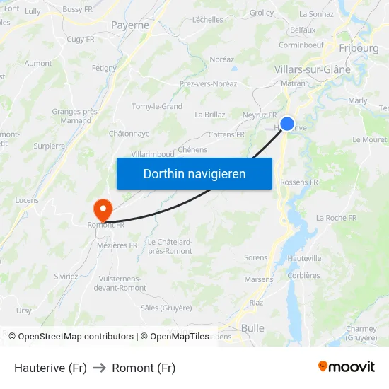 Hauterive (Fr) to Romont (Fr) map
