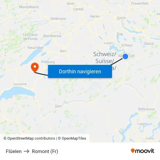 Flüelen to Romont (Fr) map