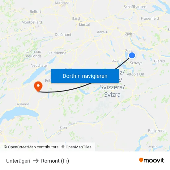 Unterägeri to Romont (Fr) map