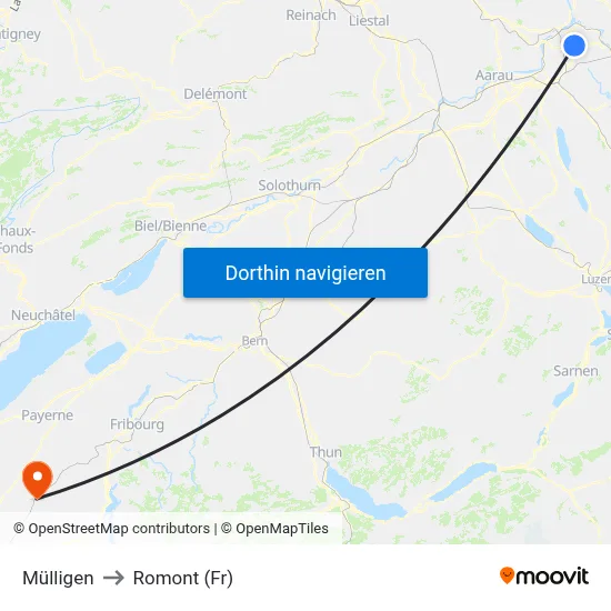 Mülligen to Romont (Fr) map