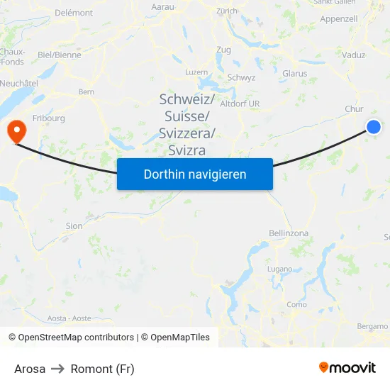 Arosa to Romont (Fr) map