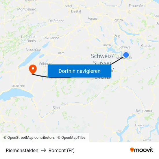 Riemenstalden to Romont (Fr) map