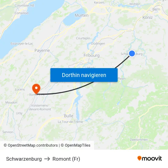 Schwarzenburg to Romont (Fr) map