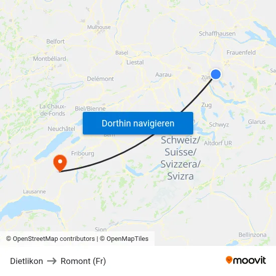 Dietlikon to Romont (Fr) map
