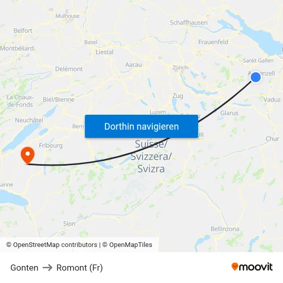 Gonten to Romont (Fr) map