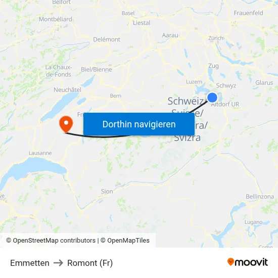 Emmetten to Romont (Fr) map