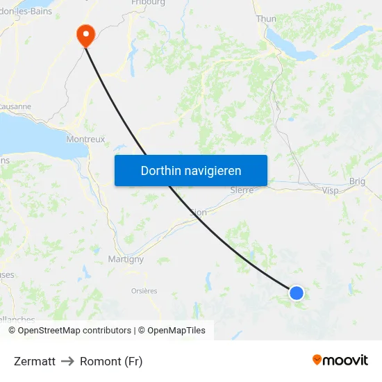 Zermatt to Romont (Fr) map