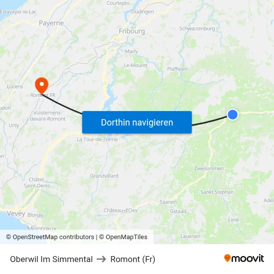 Oberwil Im Simmental to Romont (Fr) map