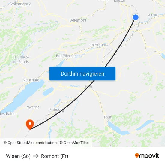Wisen (So) to Romont (Fr) map