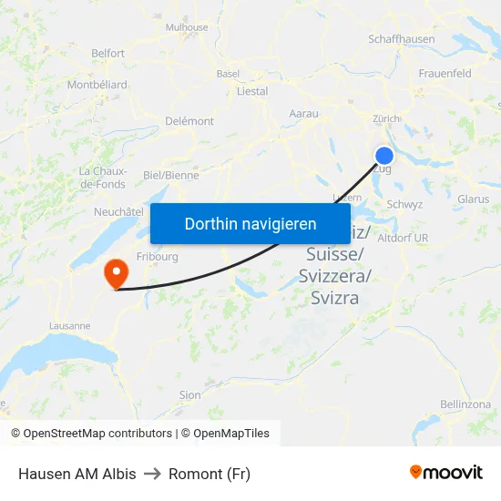 Hausen AM Albis to Romont (Fr) map