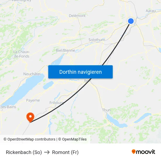 Rickenbach (So) to Romont (Fr) map